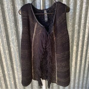 Chunky Black Gold Knit Shag Vest Size Medium